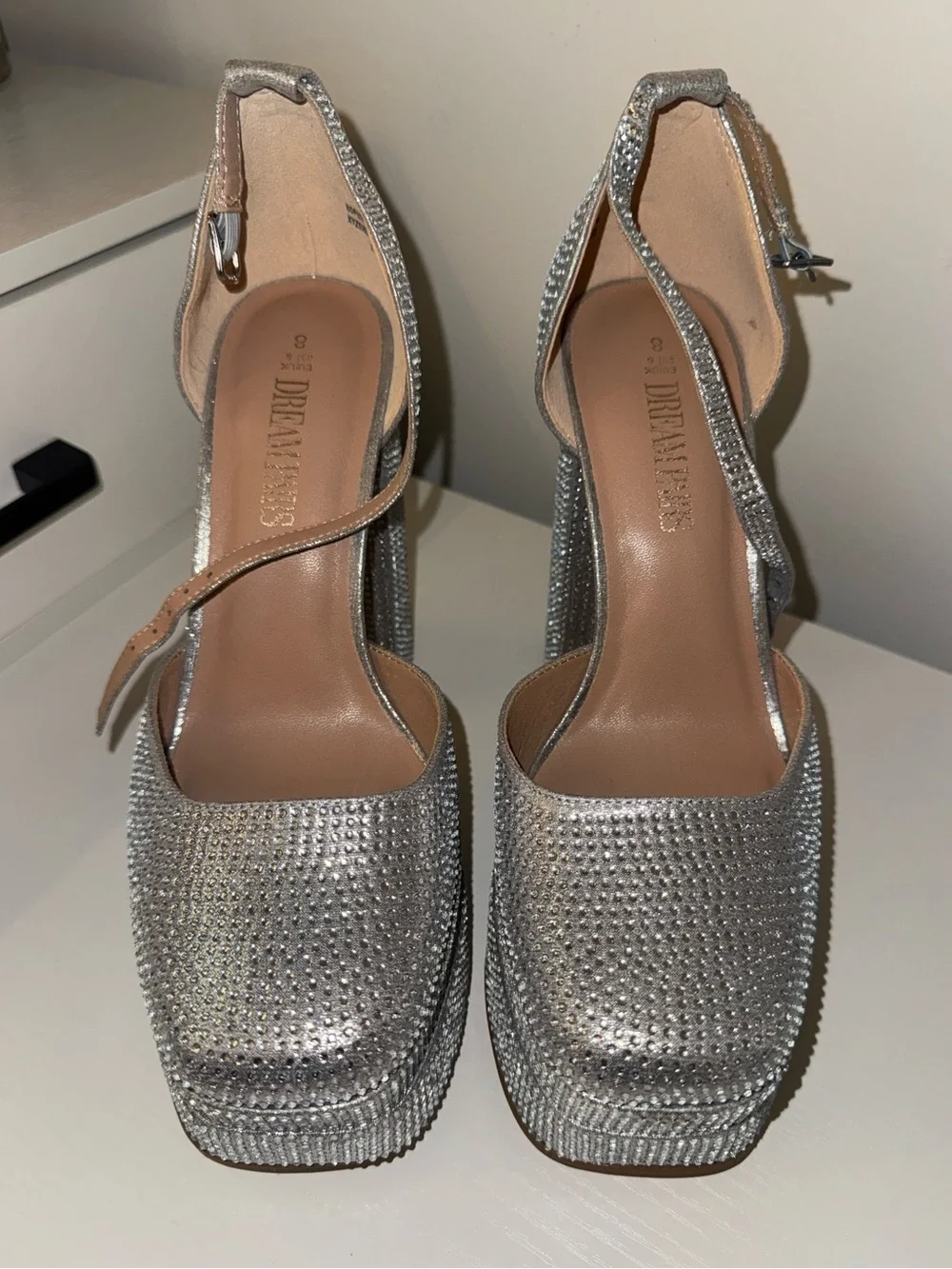 Dream Pairs Silver Crystal Platform Heels with Ankle Strap - Size 8